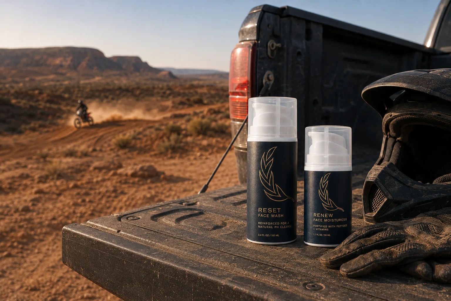 Reset and Renew on a dusty truck tailgate beside motocross gear