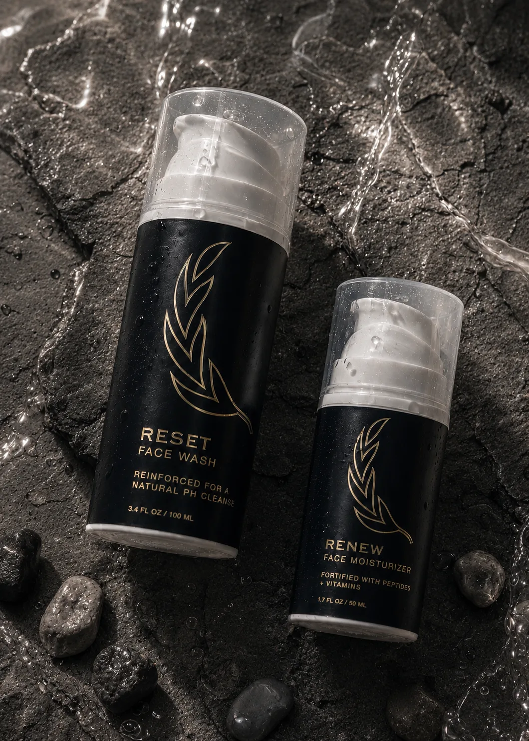 Reset and Renew on wet black stone